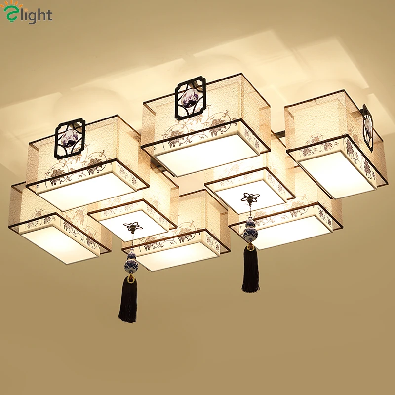 

Chinese Retro Chinaware Pattern Foyer E27 Ceiling Chandeliers Elegant Handcraft Metal&Fabric Shades Bedroom Led Chandelier Light
