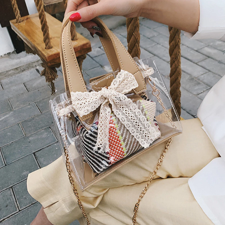 

Cute Lace Bown Transparent PVC Straw Woven Handbags Women Shoulder Bags Ladies Clear Jelly Messenger Bags Woman Bucket Beach Bag