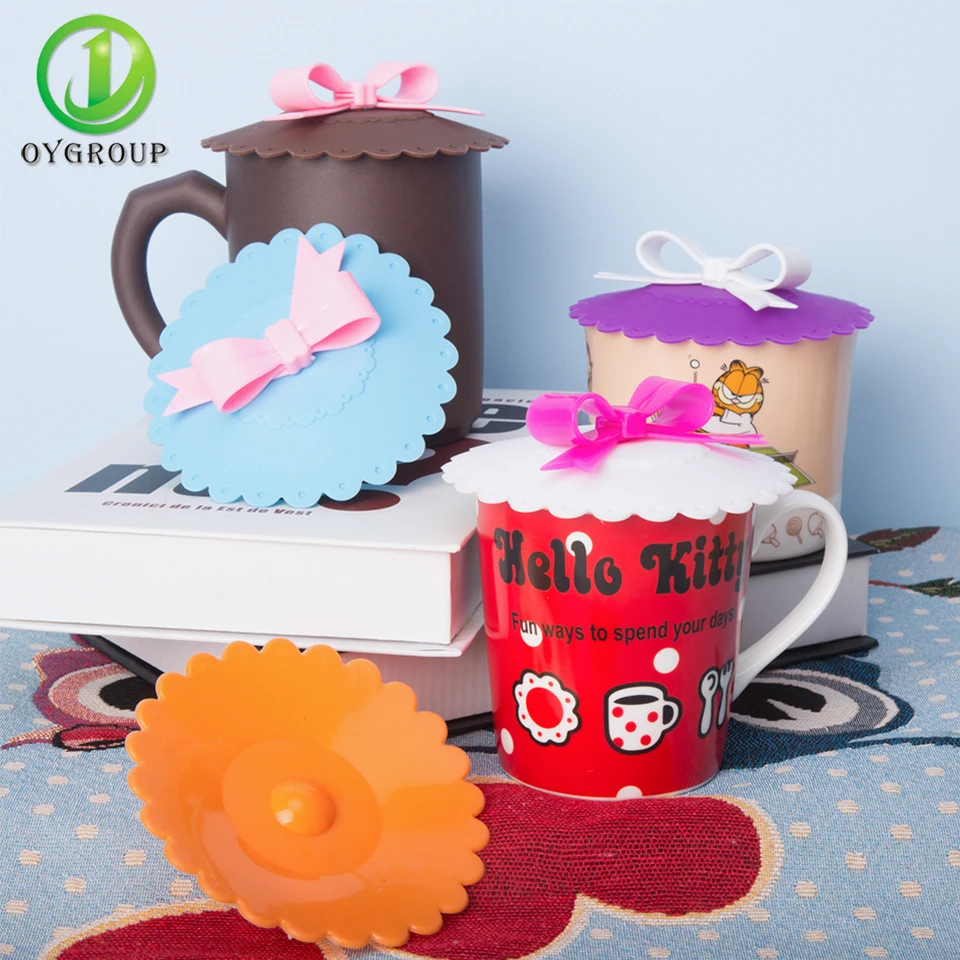 

Colorful 10.5cm Cute Anti-dust Silicone Cup Cover Coffee Suction Seal Lid Cap Silicone Lovely Bowknot Cup Cover