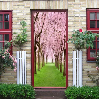 

3D Door Sticker Retro Sakura Old Wooden Door Station Bar Elevator Hall Subway Stairs Color Bricks Pulling Door Home Decor Paste