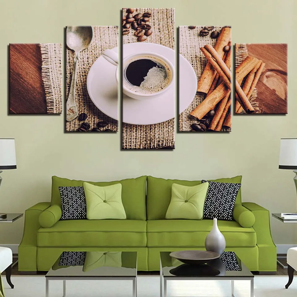 

Canvas Wall Art Pictures Modern Framework Living Room Home Decor 5 Pieces Coffee Beans Tea Tableware HD Printed Posters Painting