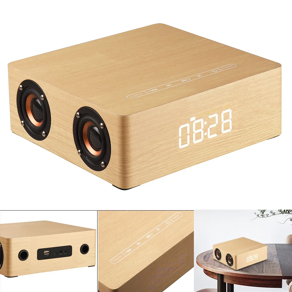 

Q5C Clock Edition Wooden Bluetooth Speaker Home Four Speakers with Time Display and 12W Full Frequency Horn for Smartphone pc