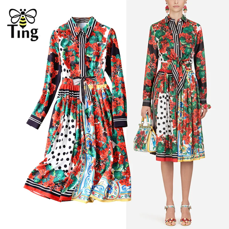 

Tingfly 2019 New Fashion Designer Runway Style Dress Women Floral Print Shirt Blouse+Pleated Floral Skirt Women Two Pieces Sets