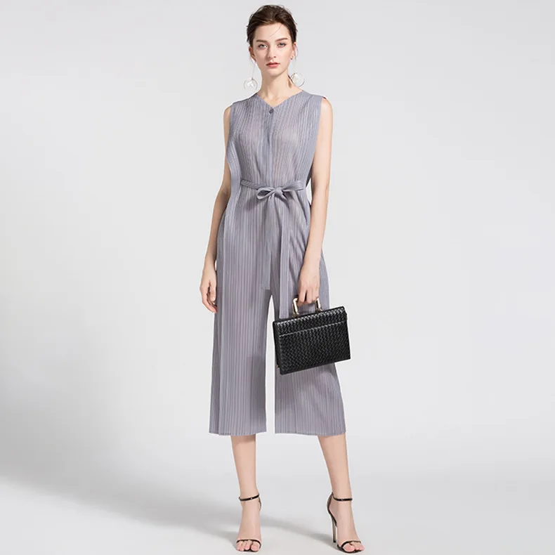 LANMREM Новая летняя модная женская одежда с круглым вырезом без рукавов плиссированный комбинезон с высокой талией и широкими штанинами WG54901 OL - Цвет: gray