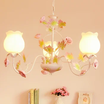 

Pastoral style Korean wrought iron pendant light pink rose flower bedroom dining room hanging lighting lamp