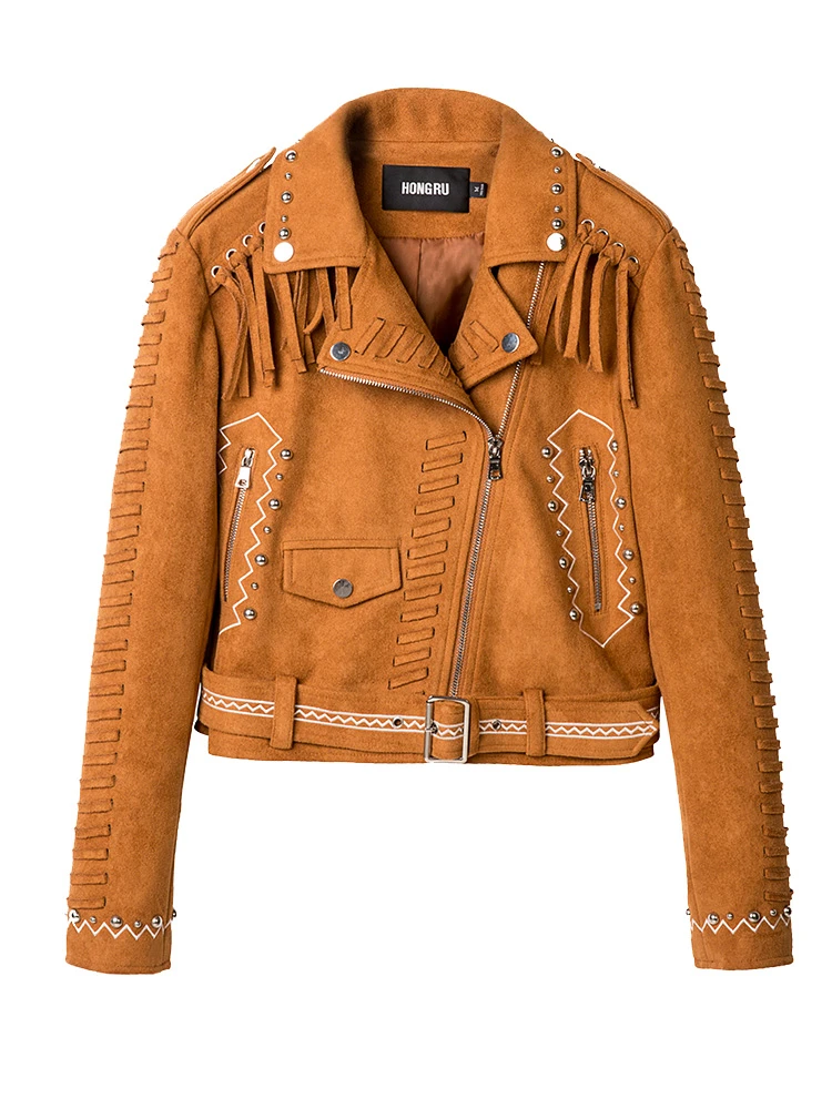 Nouveau 2018 Automne Camel Veste En Cuir Femmes Court Decontracte Daim Retro Frange Rivets Punk Street Fashion Manteau Hr1015 Aliexpress