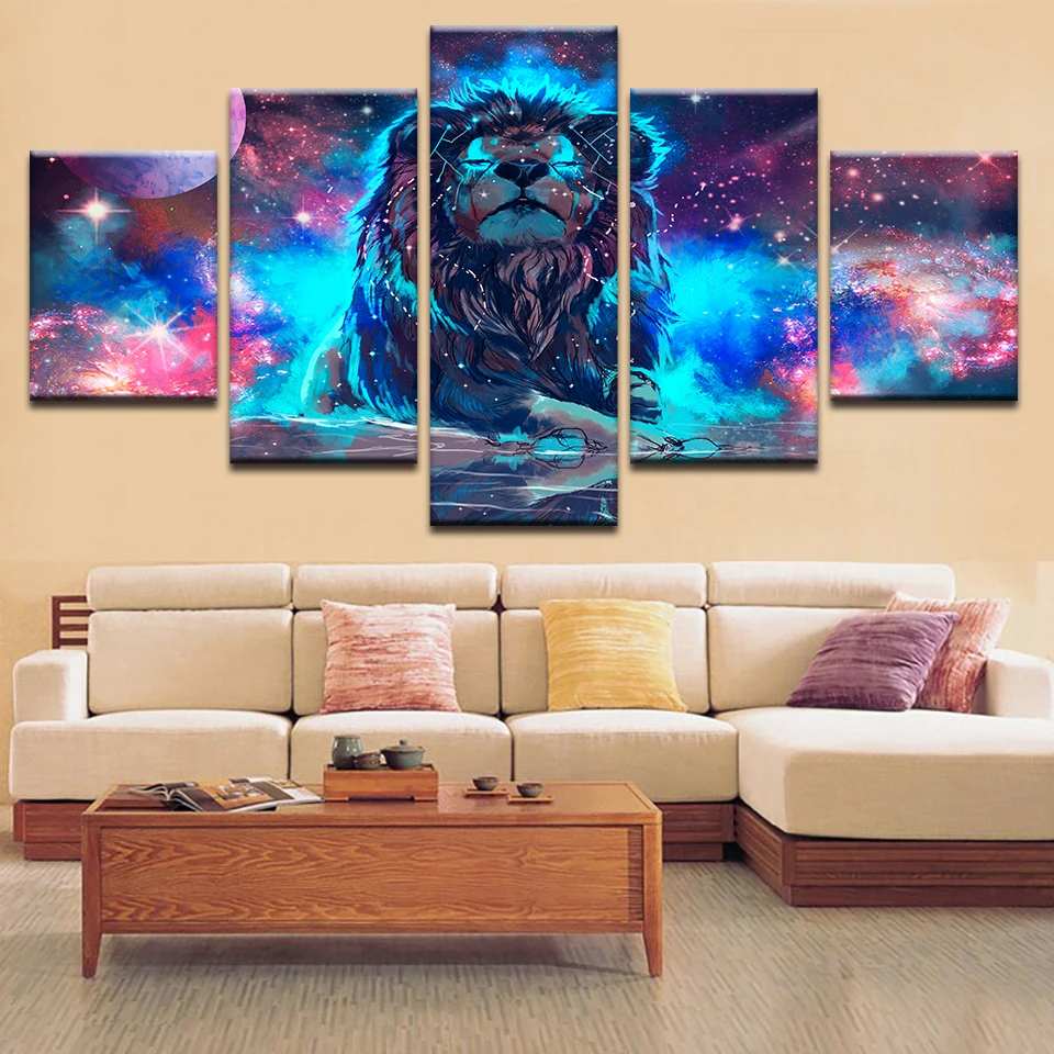 

Wall Art Decor Framework Canvas Prints Paintings 5 Pieces Color Abstract Nebula Lion Constellation Poster Pictures Living Room