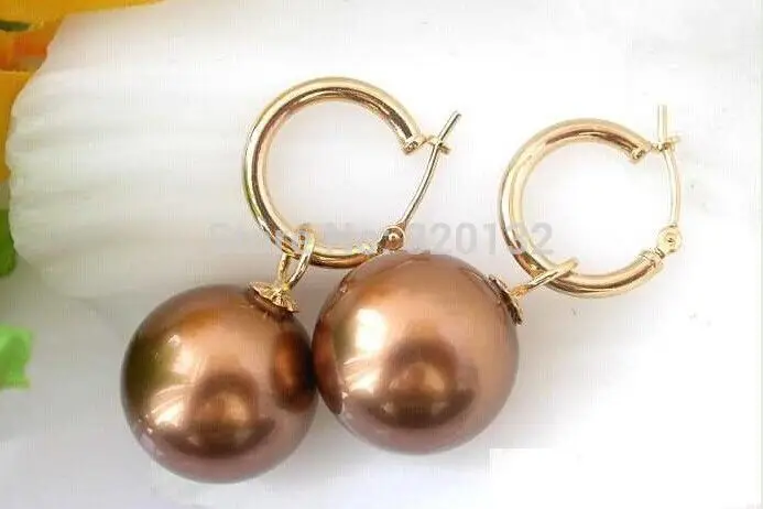 

Hot selling> HUGE 16MM Chocolate ROUND AAA++ SOUTH SEA SHELL PEARL DANGLE EARRING Silver hook Wholesale 4pcs 2Pairs earrings -Br
