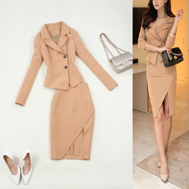 

2 piece outfits for women spring new fashion slim temperament beige tooling small suit bag hip front slit half skirt two-piece
