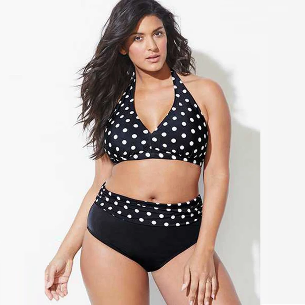 

PLUS Size bikini dot folded bikini push up halter swimsuit high waist floral swimwear large sizes vintage dots swimsuits women