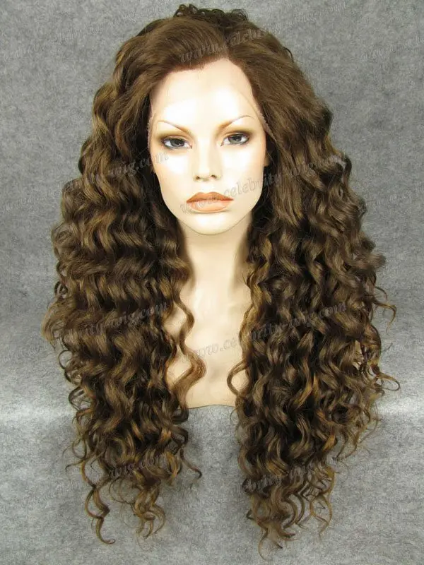 

N18-8/27 26" Long Brown Curly Synthetic Lace Front Wig Party for Beautiful Woman Free Shipping