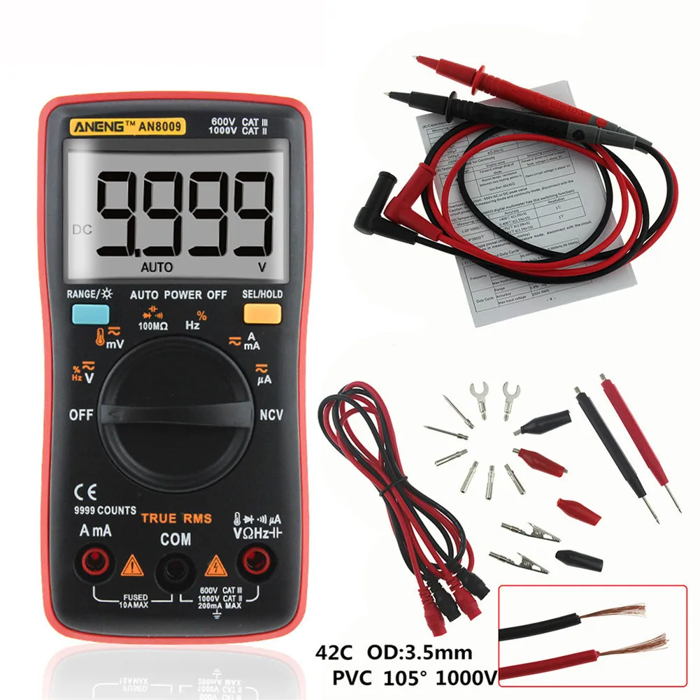 

AN8008 AN8009 Auto Range Digital Multimeter 9999 Counts With Backlight AC/DC Ammeter Voltmeter Ohm Transistor Tester Multi Meter