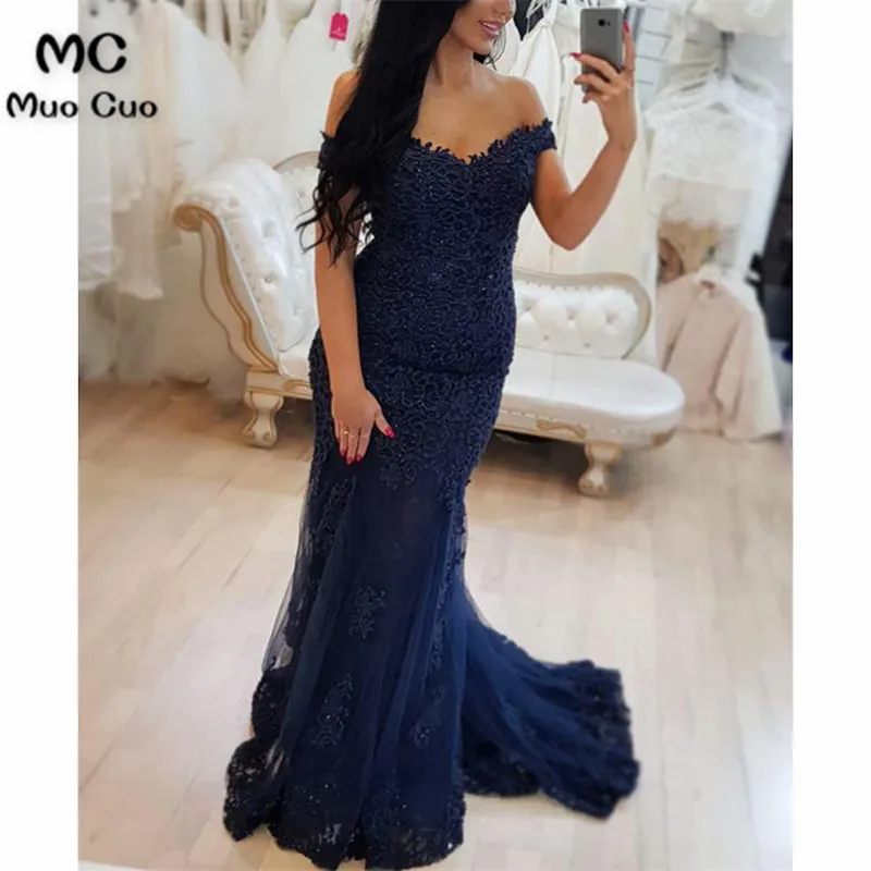 Navy Blue Lace V-neck Off The Shoulder Mermaid Prom Dresses4