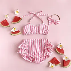 Комплект бикини для маленьких девочек, розовые Полосатые Купальники с оборками, купальный костюм, пляжная одежда