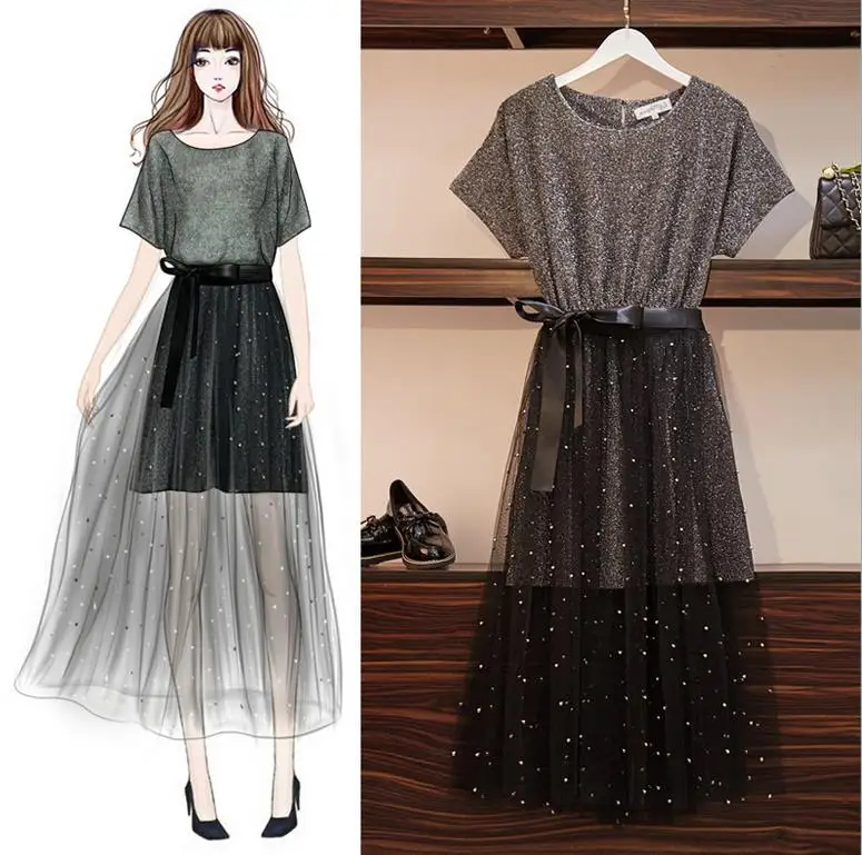 2019 Summer women two pieces set dress sets lady bead work mesh dresses