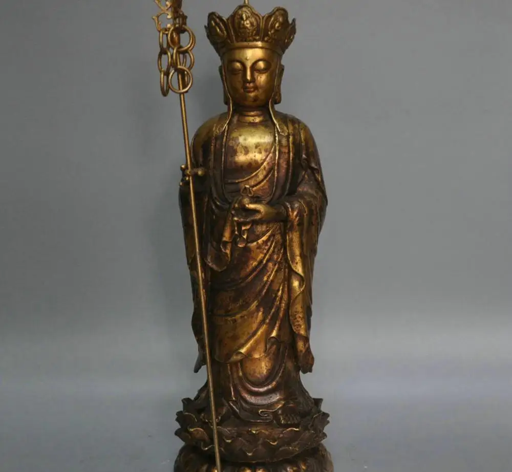 

18" China Tibet Bronze The lotus base Jizo Buddha Stand Ksitigarbha Statue