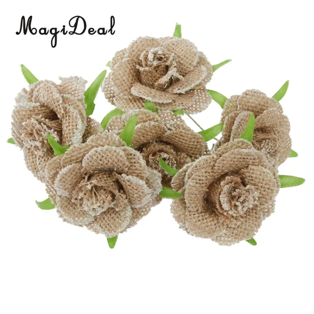 MagiDeal 6pcs/Lot Hessian Burlap Flowers Rustic Bridal Wedding Craft Head Flowers Handmade DIY Craft Home Decoration