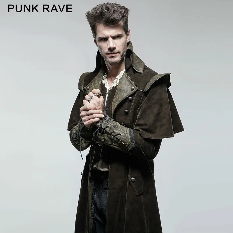 PUNK RAVE Mens Gothic Steampunk Leather Belts Long Jacket Coat Stage Performance Winter Long Trench Coat with Cape Windbreaker