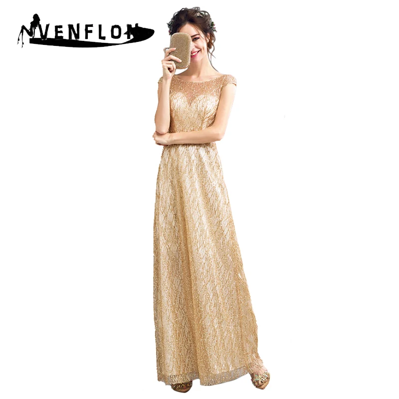 VENFLON Summer 2019 Women Dress Luxury Sexy Hollow Out Ball Gown Sequin Dress Elegant Backless Bridesmaid Long Party Dress Gold