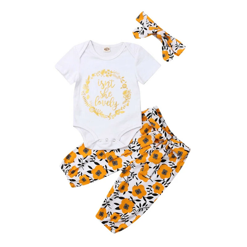 

3PCS Toddler Baby Girl Summer Clothes Floral Tops Romper Floral Pants Outfits New Born Baby Girl Clothes Girls Set Clothing