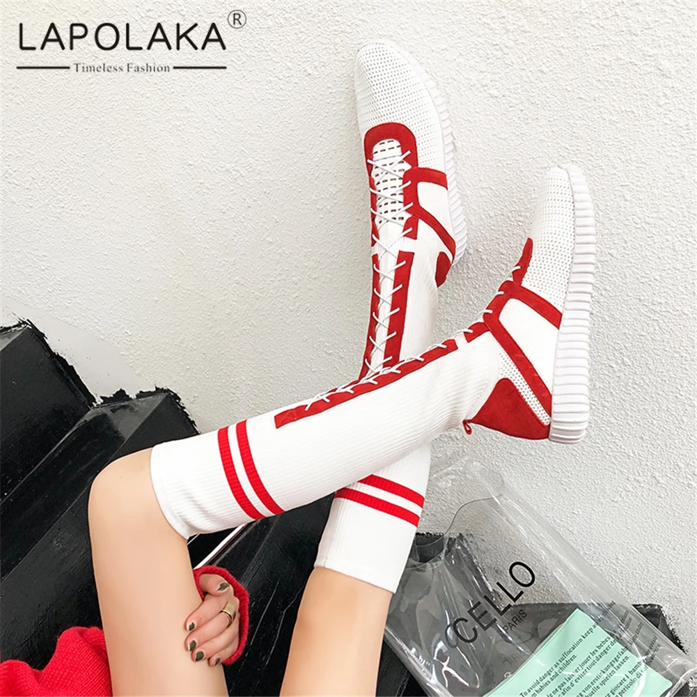 

Lapolaka Hot Sale Fashion New High Quality Shoes Woman Boots Female Stretch Fabric Black Red Knee High Boots Woman Shoes