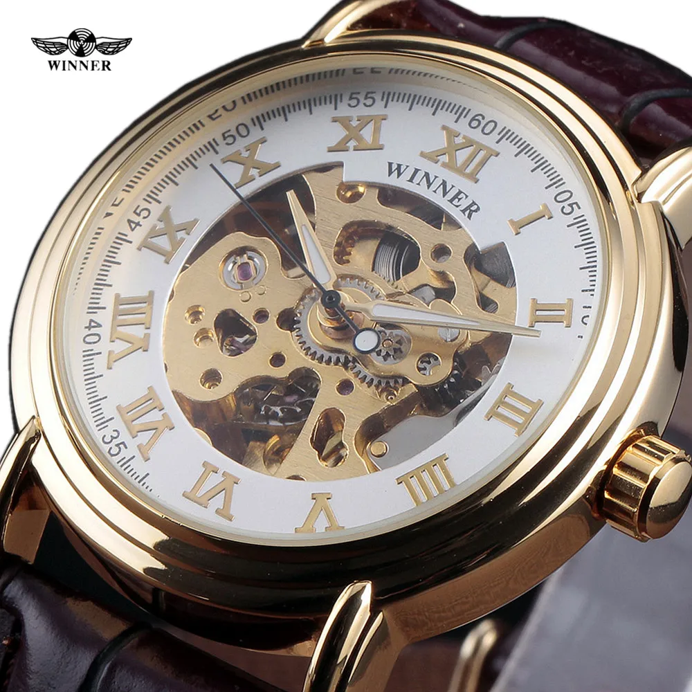 

Winner Roman Dial Skeleton Watch Hollow Fashion Mechanical Automatic Wristwatch Men Luxury Business Leather Strap Wrist Watch