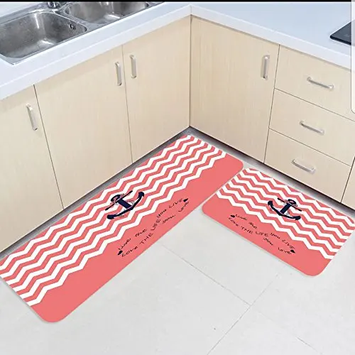 

2 Piece Kitchen Mats and Rugs Set Cute Anchor with Chevron Pattern Home Deocr Non Skid Area Runner Doormats Carpet