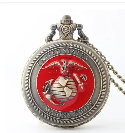 Красный циферблат бронзовый ретро морской пехоты США кварцевые карманные Часы для мужские FOB цепи Скульптура уникальные модные карманные