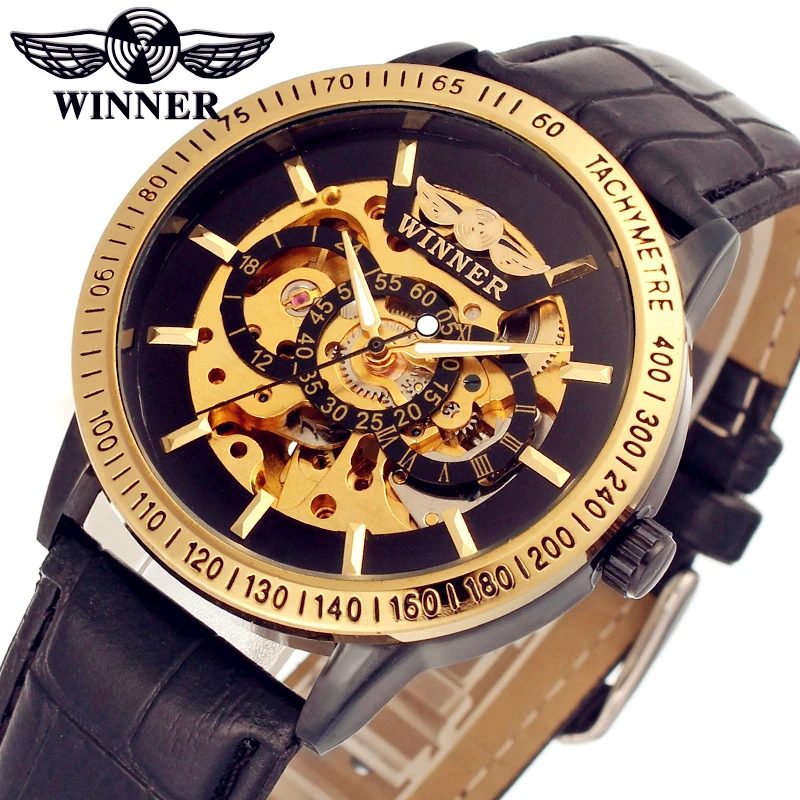 

Fashion WINNER Men Luxury Brand Gold Skeleton Leather Band Watch Automatic Mechanical Wristwatches Gift Box Relogio Releges 2016