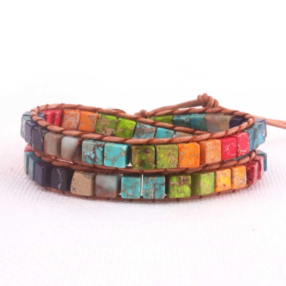 

2X Multi Color Natural stone leather bracelet Handmade dropshipping jewelry