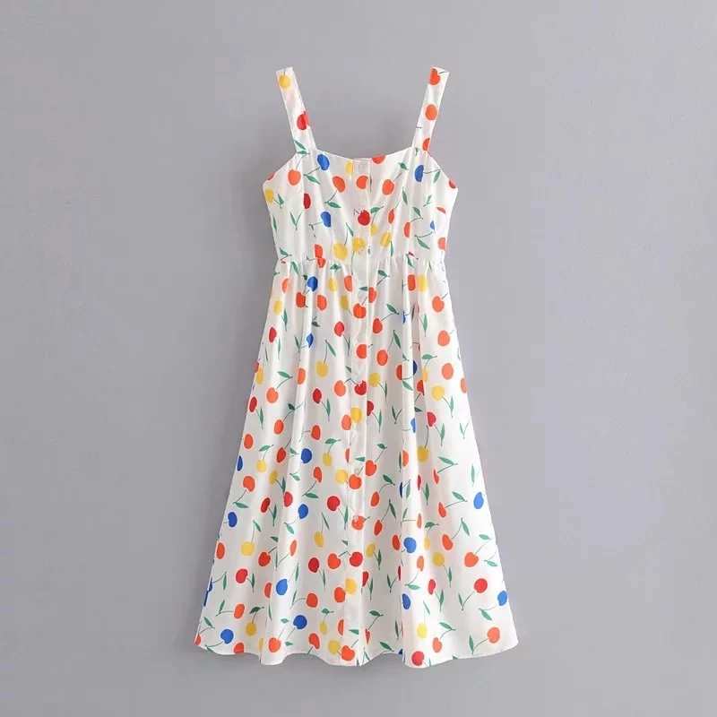 

Sweet women cherry print sundress 2019 summer bohemian strap midi dress party girls elegant cute dress feminine chic clothes