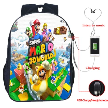 

High Quality Super Mario USB Charge Backpack Men Women Boys Girls Bags Fashion Teens Students Back to School Gift Rucksack