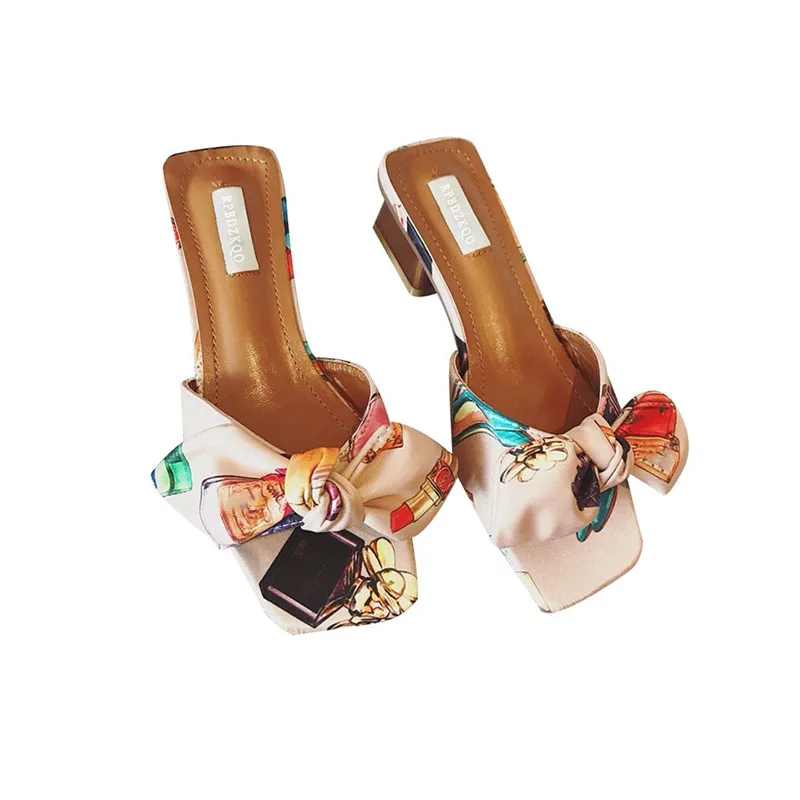 Bowtie Chunky Sandals Low Heel Slippers Open Toe Heels Pumps Floral Print Slides Bow Satin Shoes Kawaii Cute Purple Pink Women
