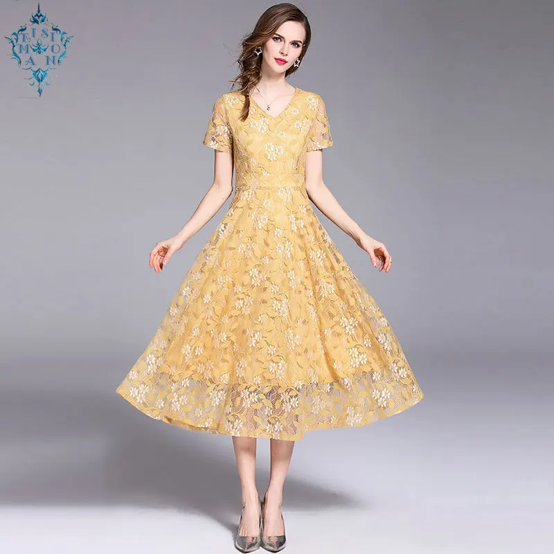 

Ameision Summer New V-neck Short-sleeve Lace Stitching Sexy Dress Temperament Hollow Long Section Bodycon Party Dresses Vestidos
