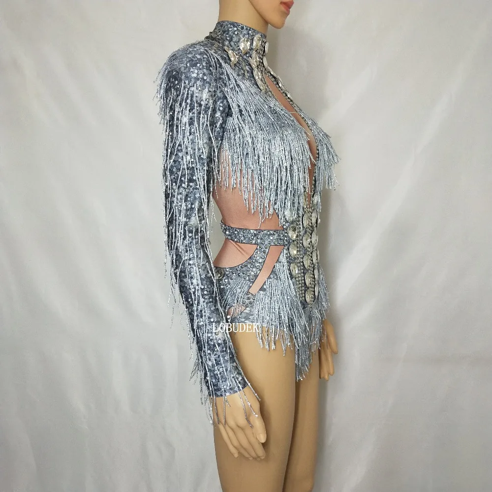 Пикантные эластичные серебряные стразы с кисточками и длинным рукавом боди для женщин кристаллы ночной клуб шоу бар DJ певица одежда для сцены танцевальный костюм