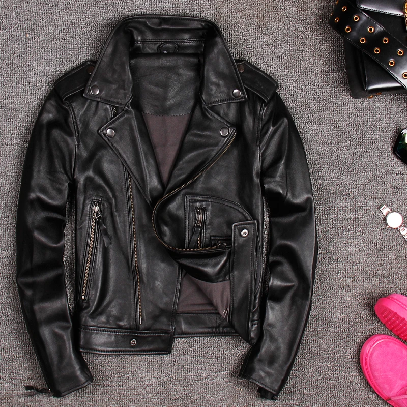 Genuine Leather Jacket Coat Women Real Sheepskin Motorcycle Biker Leather Jacket Slim Fit Female Ladies Outerwear Red Black