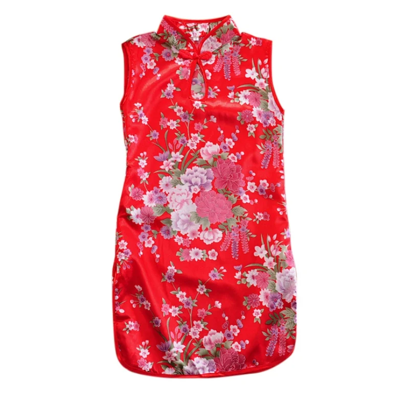 

Chinese Style Girls Princess Dress Modern Top Wedding Dress Red Pink Peony Kids Dress Sleeveless Print Girl