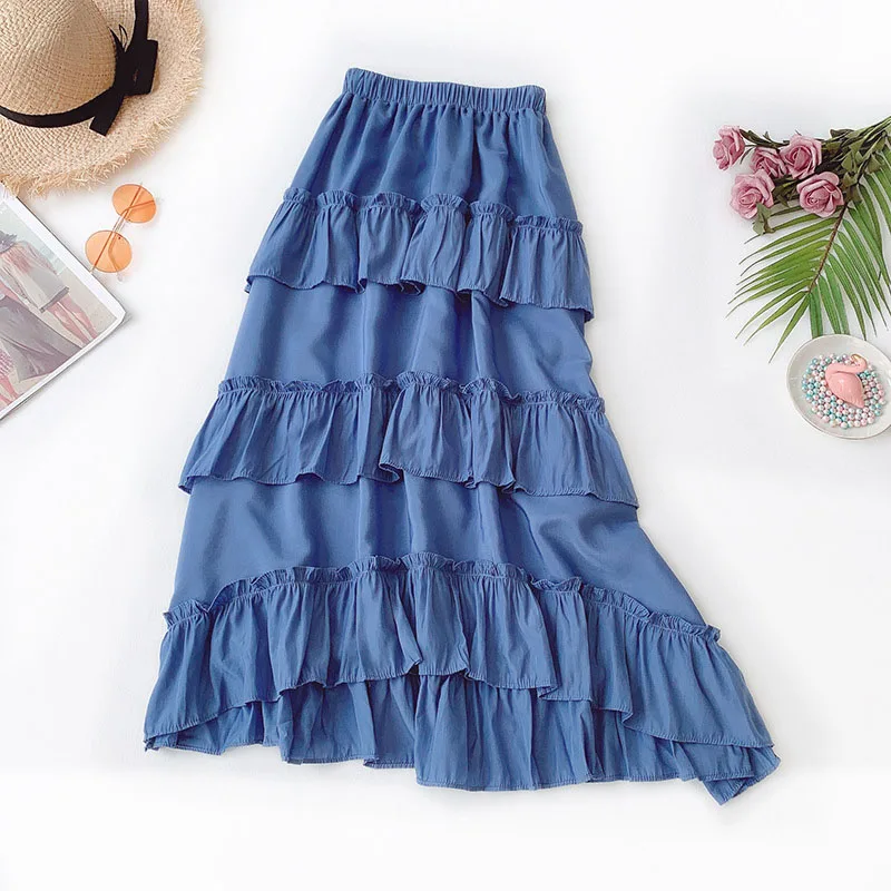 Ohryiyie Высокая талия Многоуровневая юбка женская Повседневная однотонная элегантная длинная юбка женская плиссированная юбка для вечеринок Jupe Longue Femme - Цвет: Синий