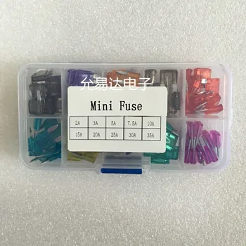 

10values * 10pcs = kit Amostras 100pcs MINI Blade Assortment Auto Car Motorcycle SUV FUSES Kit 2A~35A +Box