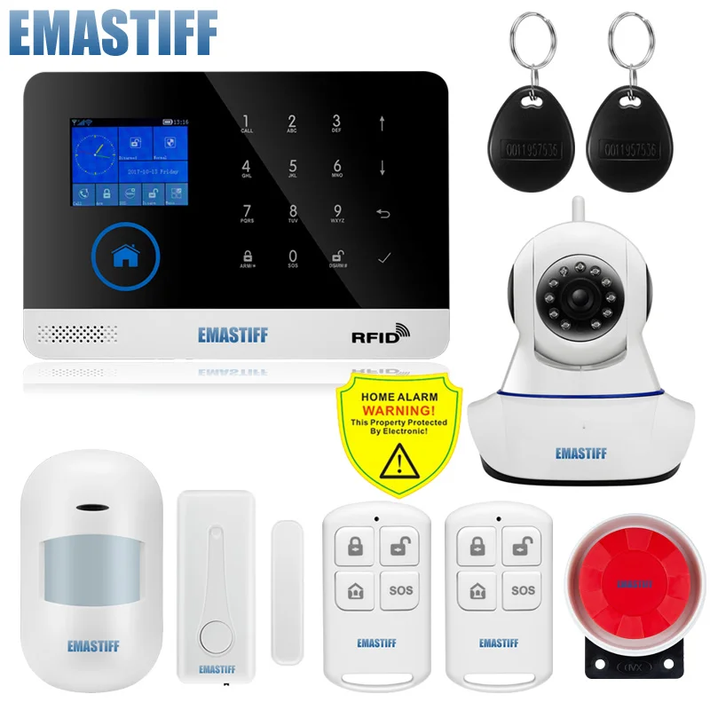 Inalámbrico SIM GSM hogar RFID antirrobo de seguridad LCD táctil teclado WIFI GSM sistema de alarma kit de Sensor inglés, ruso, español voz