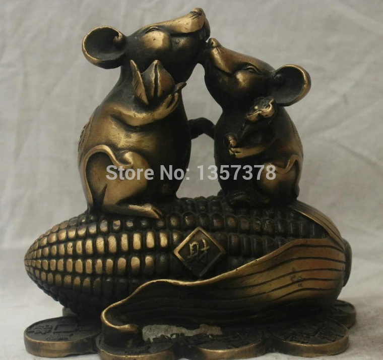 

shitou 00140 Chinese China Folk Culture Handmade Old Brass Bronze Statue Mouse Corn Sculpture