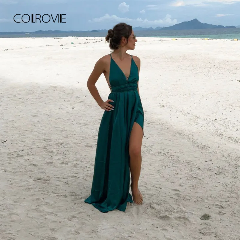 COLROVIE, сексуальное сатиновое Макси платье с высоким разрезом, вечерние платья для женщин, с глубоким вырезом, с перекрещивающейся спиной,, зеленое, без рукавов, с запахом, на бретельках, летние платья