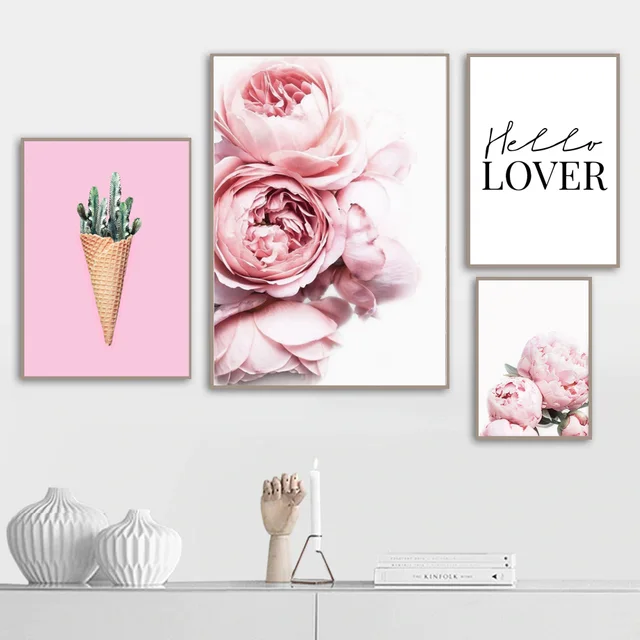 Pink Rose Flower Green Cactus Love Quote Wall Art
