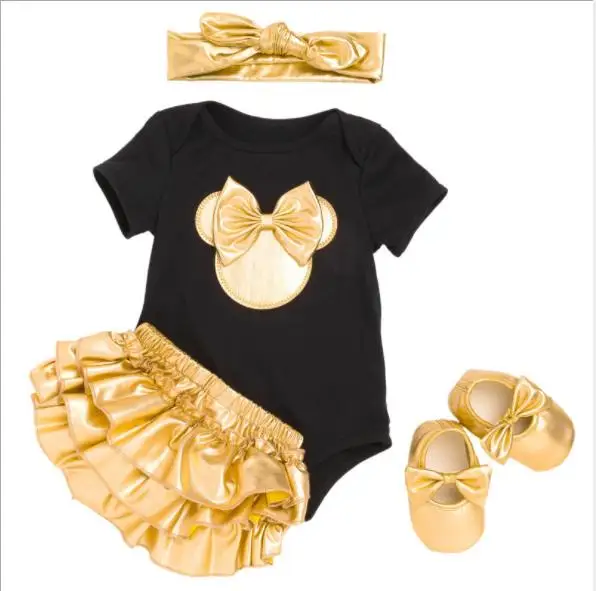 Милый детский комбинезон золотистого цвета для маленьких девочек и мальчиков, костюм с брюками pp, 1 комплект = комбинезон+ pp+ повязка на голову+ обувь