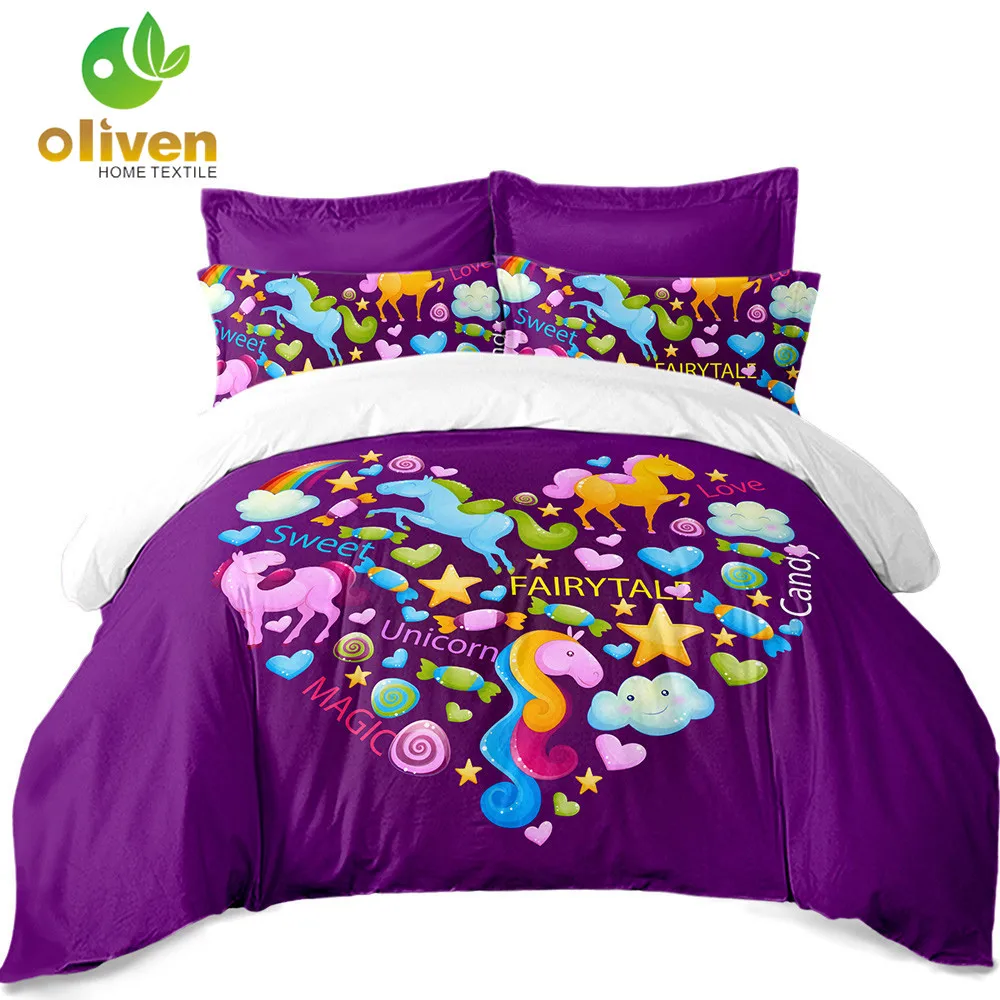 

3/2Pcs Purple Cartoon Bedding Set Unicorn Duvet Cover Kids Colorful Heart Print Bed Cover King Queen Pillowcase Home Decor D49