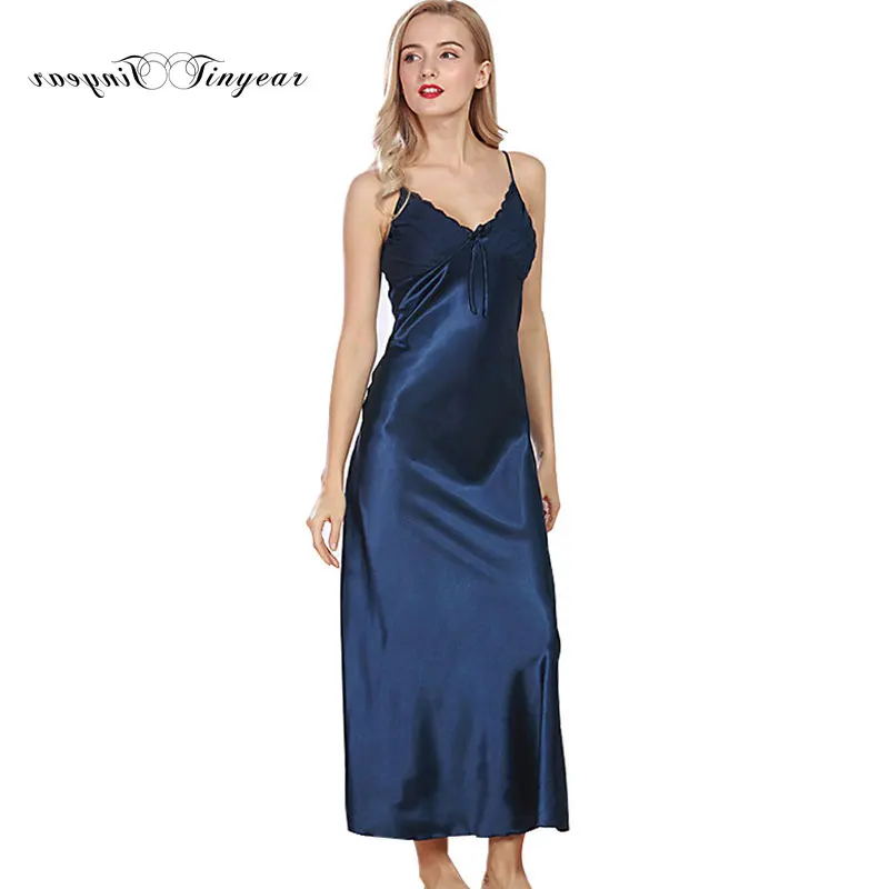 Tinyear elegant women long silk nightgowns lace V neck Sleeveless M XL