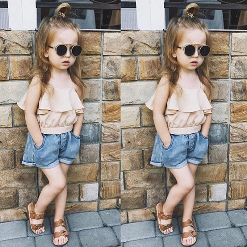 

European and American style fashion summer sleeveless strap top+denim shorts two pieces sets suits for girls