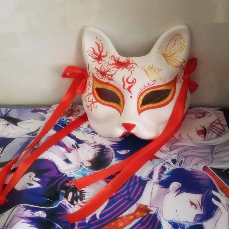 Color:A Maschera di Travestimento Kimono Antico a metà Faccia Maschera di Volpe con Viso di Gatto Anime YHX Maschera di Volpe Dipinta in Stile Giapponese 