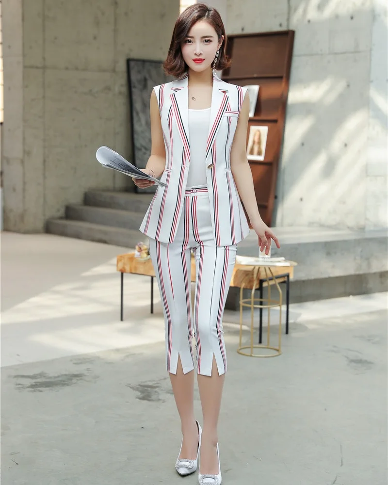 

Spring Summer Fashion Causal Blazer Women Business Suit with Pant and Jacket Set Office Ladies Pantsuits OL Styles White