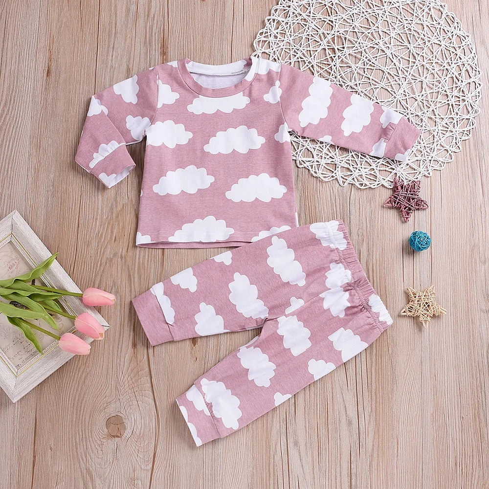 Одежда для новорожденных от 0 до 24 месяцев, комплект из 2 предметов, розовая пижама с длинными рукавами и принтом облака, комплект одежды, одежда для сна для маленьких мальчиков и девочек